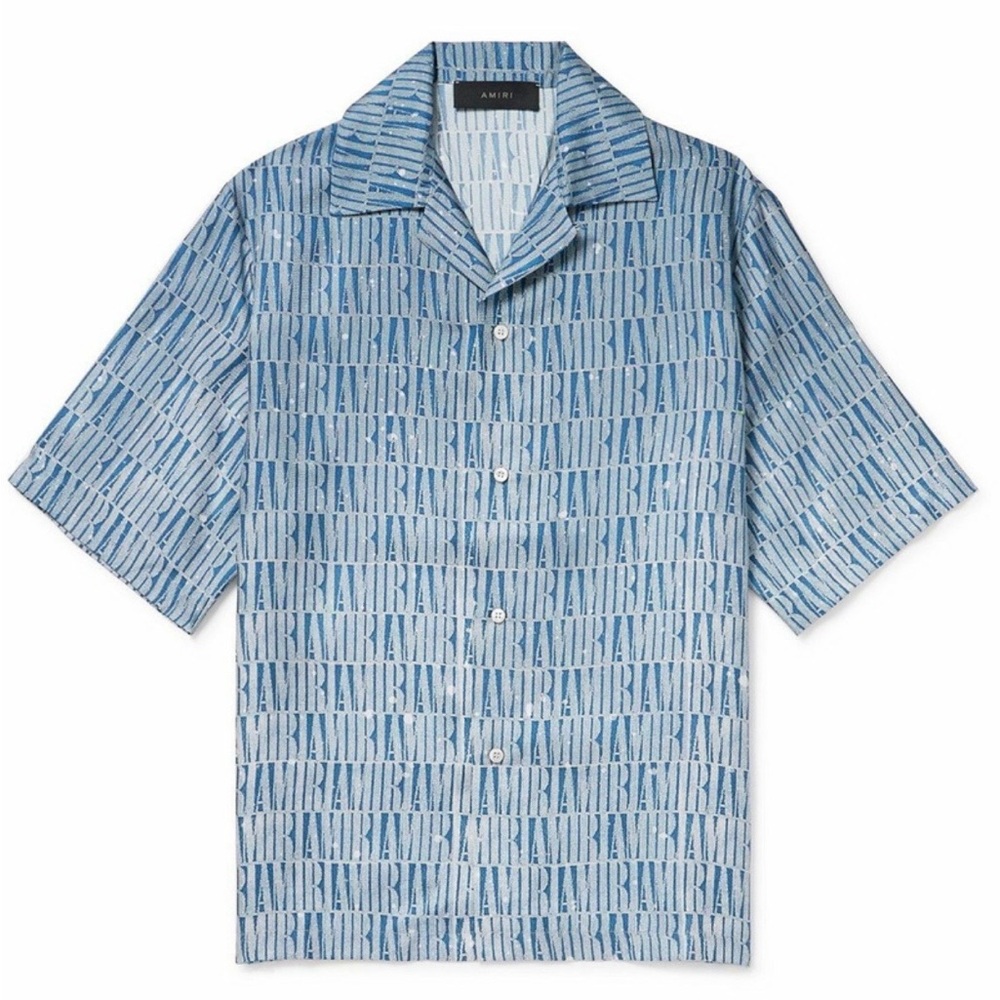 AMIRI  Convertible-Collar Logo-Print Silk- Short Sleeve Shirt - Blue Size It48